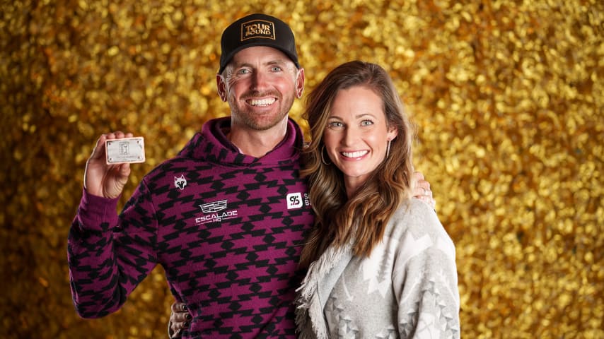 NEWBURGH, INDIANA - OCTOBER 08: Kevin Dougherty poses for a photo at a studio shoot during the Korn Ferry Tour Championship presented by United Leasing and Finance at Victoria National Golf Club on October 8, 2023 in Newburgh, Indiana. (Photo by Andrew Wevers/PGA TOUR)