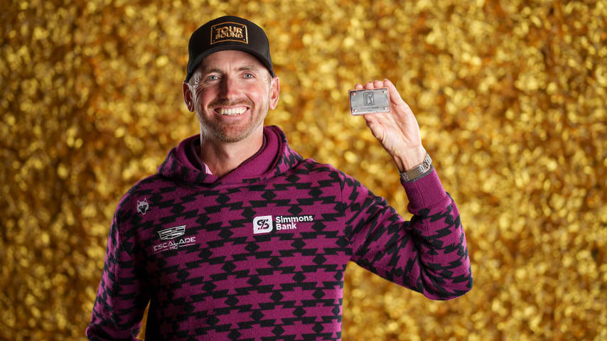 NEWBURGH, INDIANA - OCTOBER 08: Kevin Dougherty poses for a photo at a studio shoot during the Korn Ferry Tour Championship presented by United Leasing and Finance at Victoria National Golf Club on October 8, 2023 in Newburgh, Indiana. (Photo by Andrew Wevers/PGA TOUR)