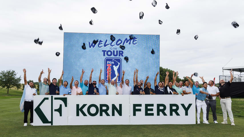 OMAHA, NEBRASKA - AUGUST 14: The 2022 graduating class of the Korn Ferry Tour do a ceremonial hat toss after the final round of the Korn Ferry Tours Pinnacle Bank Championship presented by Aetna at The Club at Indian Creek on August 14, 2022 in Omaha, Nebraska. (Photo by James Gilbert/PGA TOUR via Getty Images)